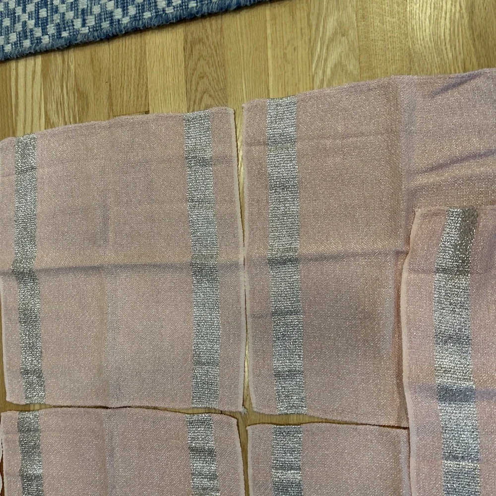 Vintage MCM Pink Woven Tablecloth 11 Napkins Set Metallic Silver Stripe 93x64